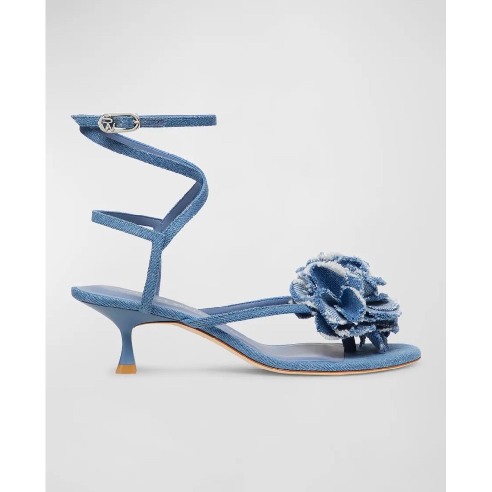 Stuart Weitzman Belize 50 Denim‎ Floral Sandal 6.5 NIB | Kitten Heel Luxury